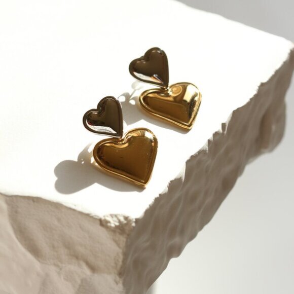 14K Gold Filled Two Tone Heart Earrings - Picture 3 of 4